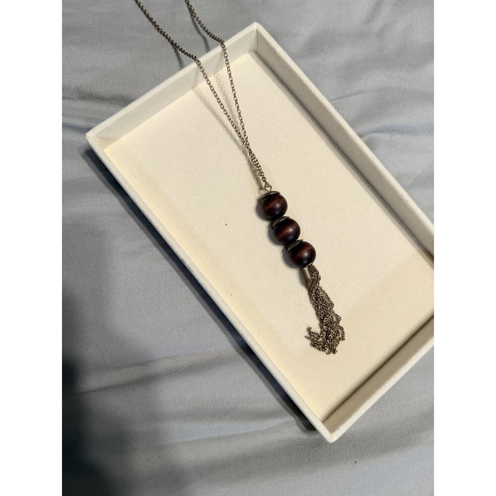 brown wooden bead necklace - long brass chain